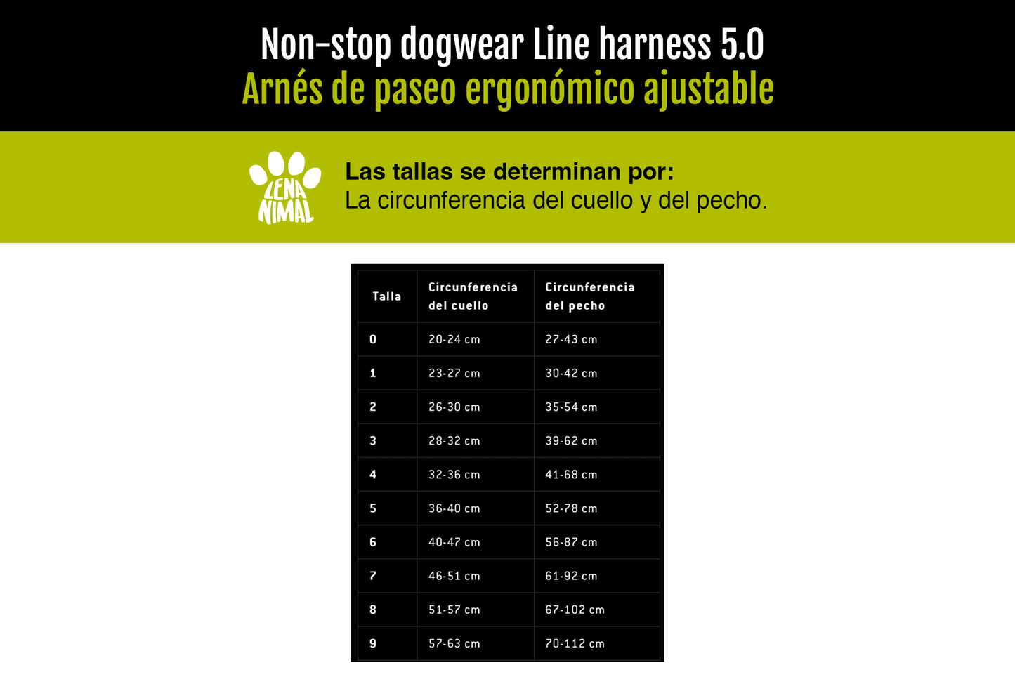 Guía de tallas Line harness 5.0 Non-stop dogwear