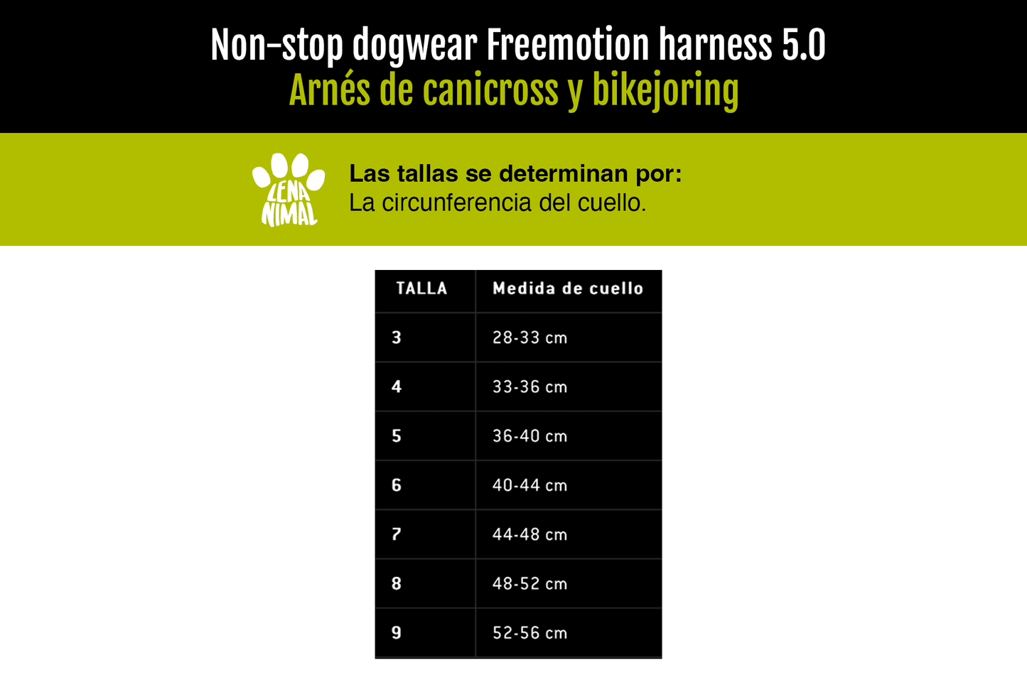 Guía de tallas Freemotion harness 5.0 Non-stop dogwear