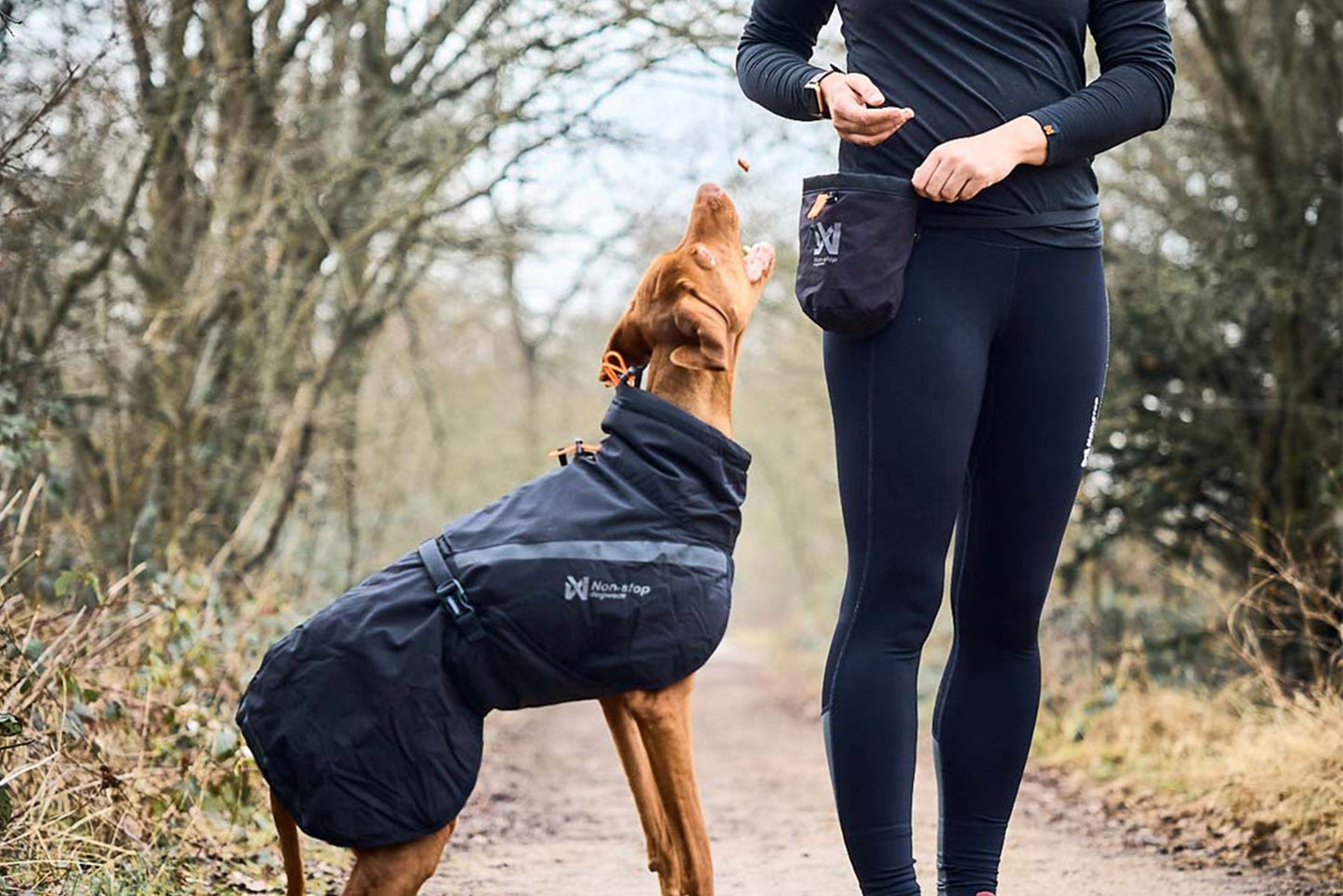 Chica utilizando la Non-stop dogwear treat bag con su braco húngaro