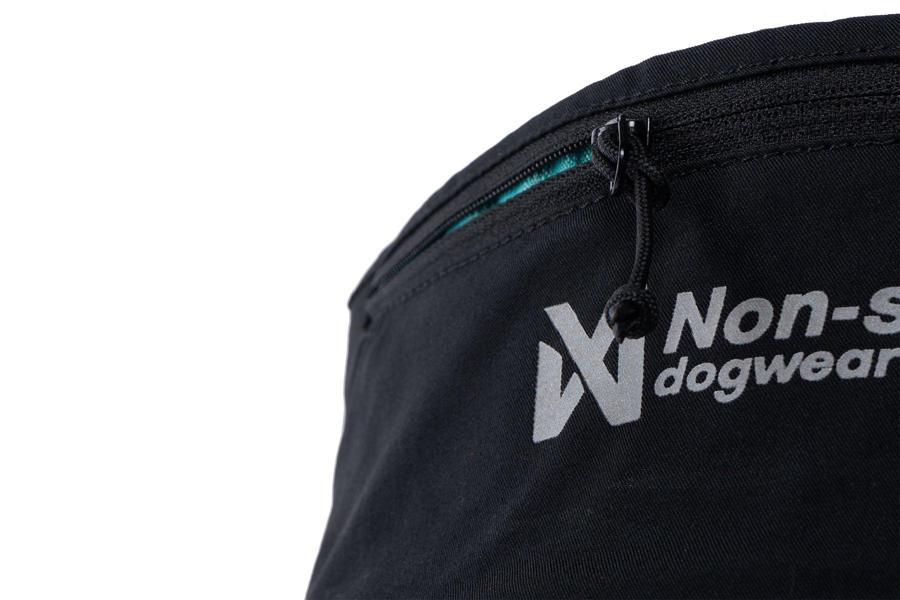 Cinturón canicross Rush belt Non-stop dogwear negro y turquesa bolsillo con cremallera y logo reflectante
