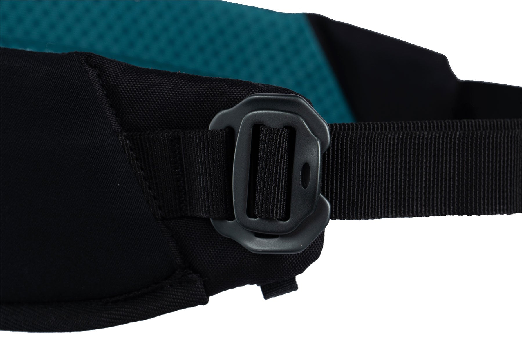 Cinturón canicross Rush belt Non-stop dogwear negro y turquesa cierre de aluminio seguro