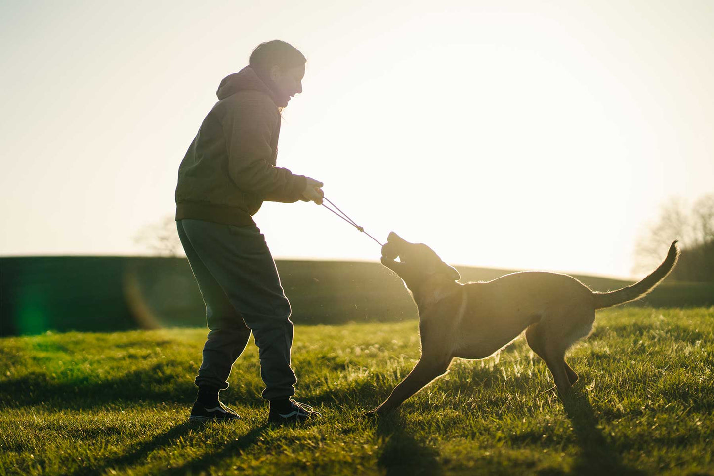Chica jugando con un pastor Belga Malinois con pelota con cuerda de Non-stop dogwear