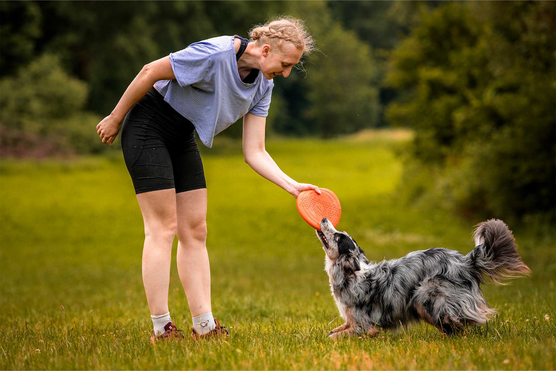 Chica jugando con su perro con un disco volador Non-stop dogwear